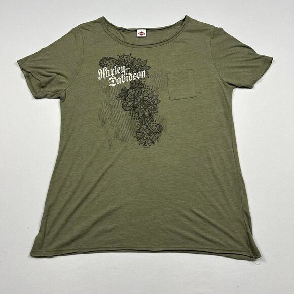 Y2K Harley Davidson Olive Geeen Short Sleeve Pocket Tee - Picture 1 of 7